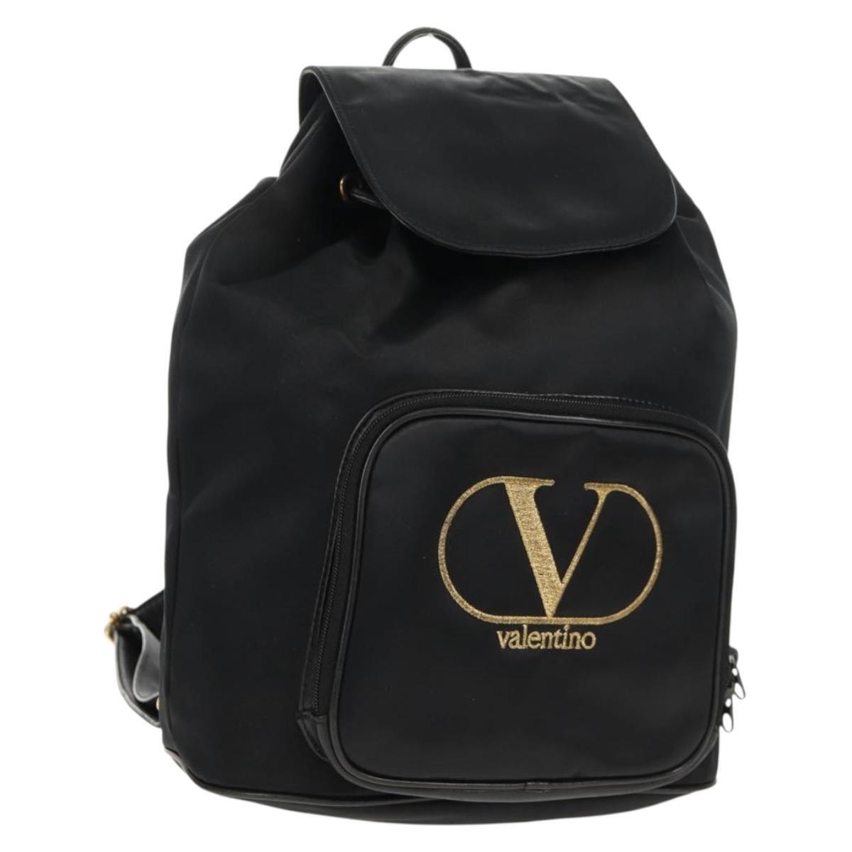 Valentino Backpack Nylon Leather Black Gold Auth Ba8694